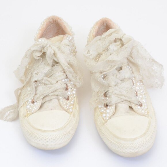 Converse Custom Pearl Lace Ribbon Wedding Bridal Sneakers Women's 8 Beachy - Picture 9 of 11